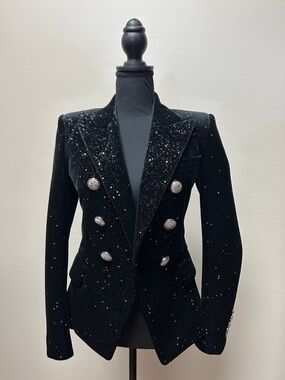 Balmain Black Velvet Double-Breasted Blazer with Sparkle